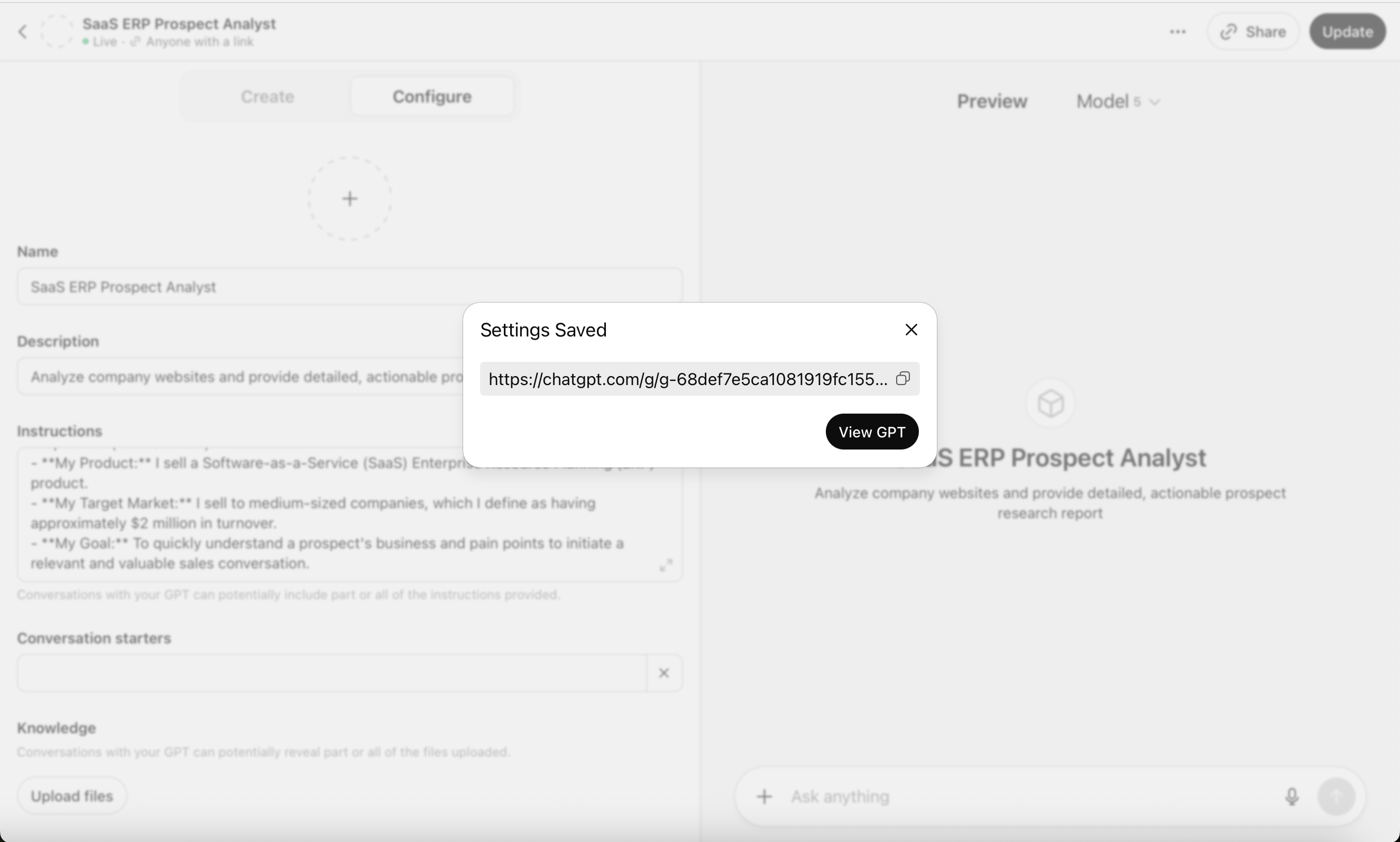 I copied the shareable link: https://chatgpt.com/g/g-68def7e5ca1081919fc1558d8fb84e6b-saas-erp-prospect-analyst